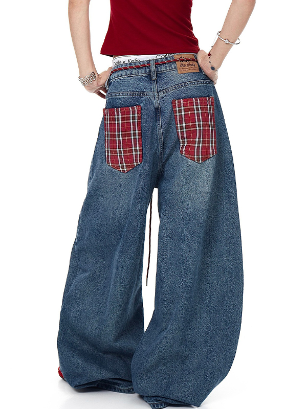 EMMIOL American Vintage Plaid Baggy Jeans