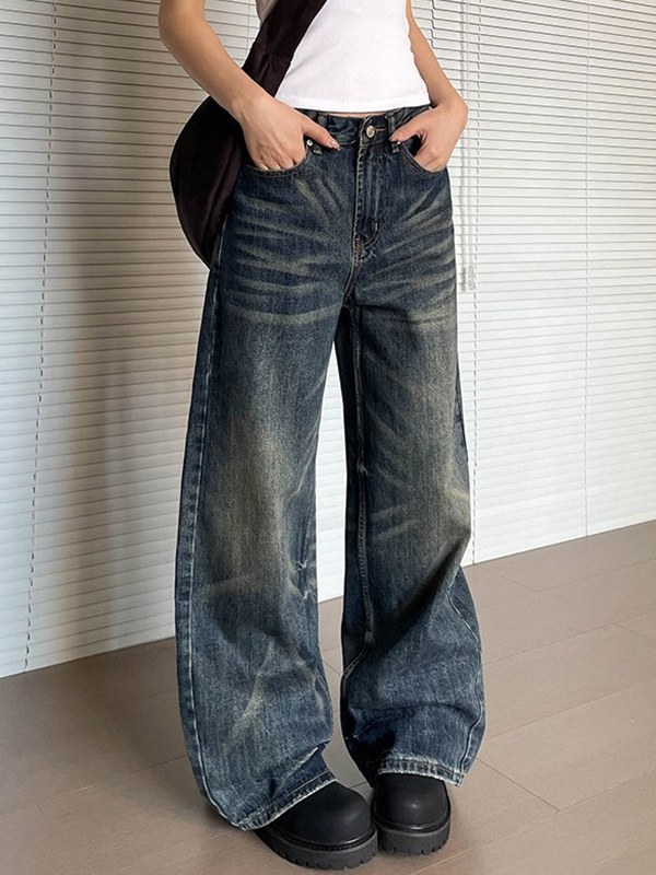 EMMIOL Retro Cat Whisker Wash Baggy Jeans
