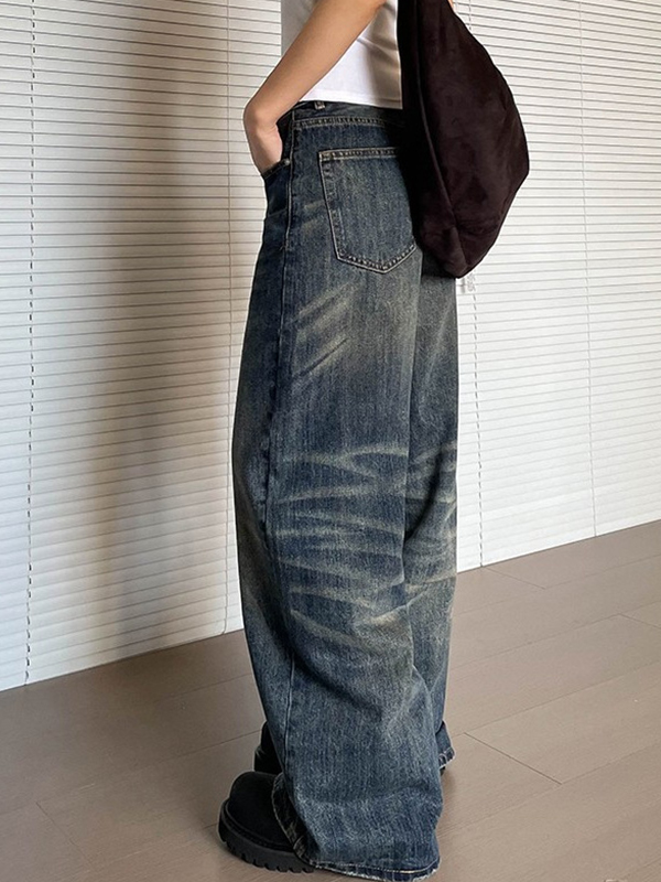 EMMIOL Retro Cat Whisker Wash Baggy Jeans