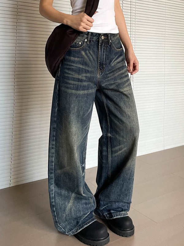 EMMIOL Retro Cat Whisker Wash Baggy Jeans