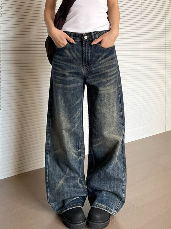 EMMIOL Retro Cat Whisker Wash Baggy Jeans
