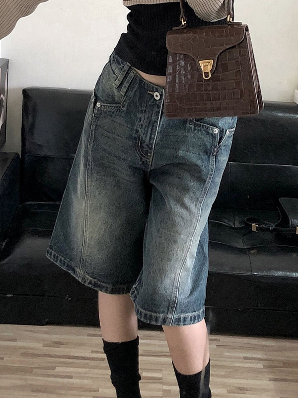 EMMIOL Vintage-Washed Distressed Finish Denim Shorts