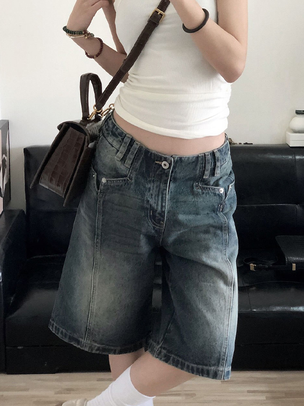 EMMIOL Vintage-Washed Distressed Finish Denim Shorts