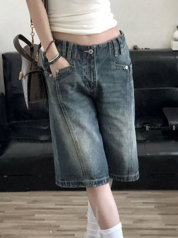 EMMIOL Vintage-Washed Distressed Finish Denim Shorts