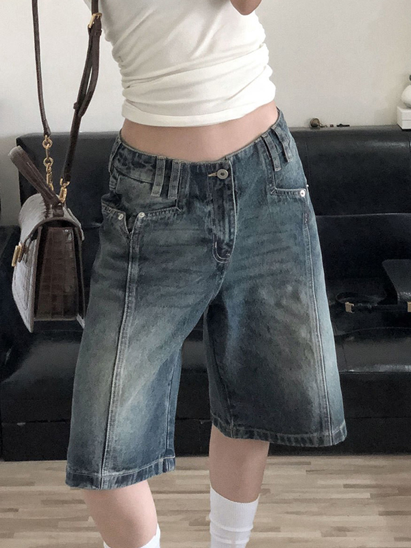 EMMIOL Vintage-Washed Distressed Finish Denim Shorts