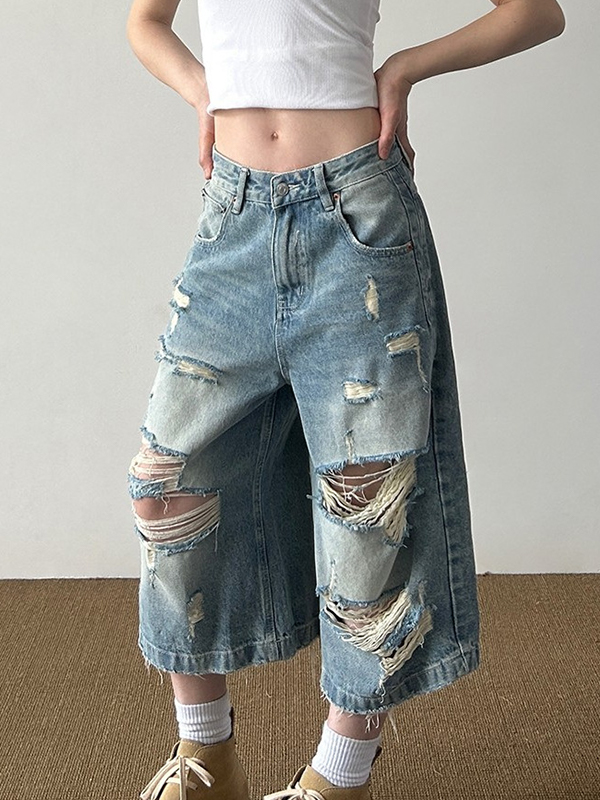 EMMIOL Vintage-Inspired Distressed Wash Denim Shorts
