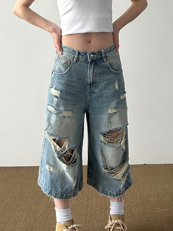 EMMIOL Vintage-Inspired Distressed Wash Denim Shorts