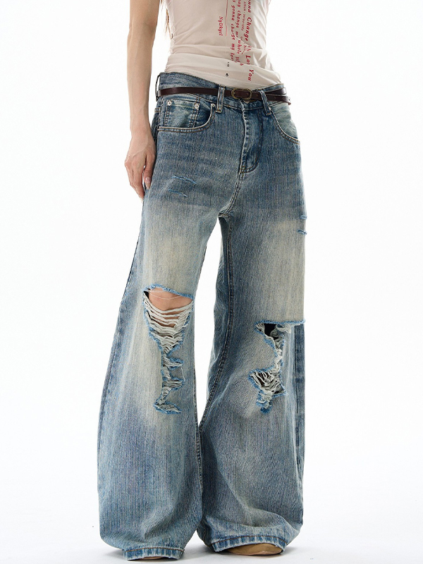 EMMIOL Jeans mit Bambusknotenmuster und Rissen