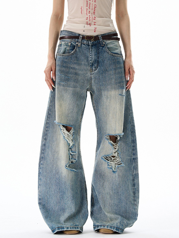 EMMIOL Jeans mit Bambusknotenmuster und Rissen