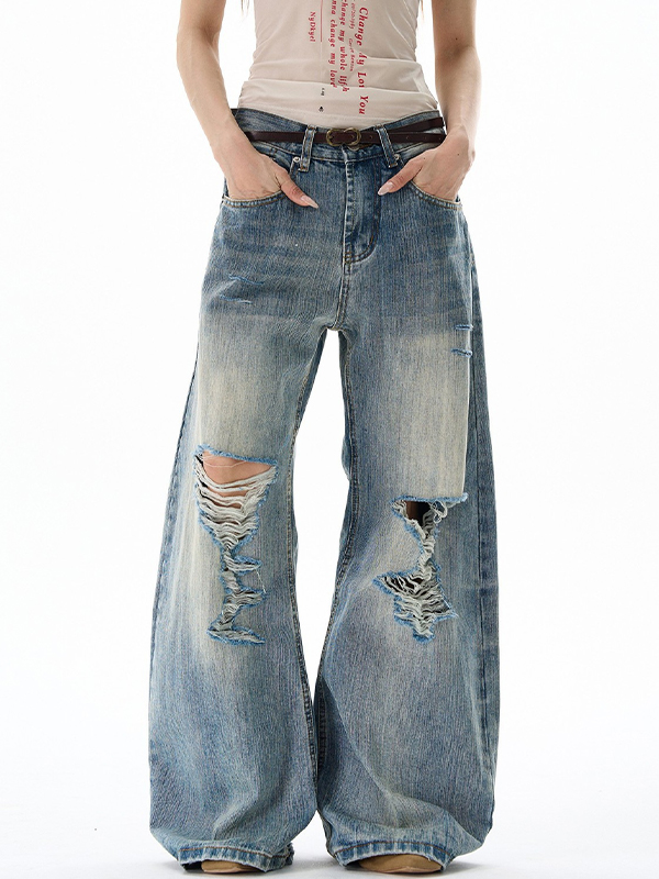 EMMIOL Jeans mit Bambusknotenmuster und Rissen