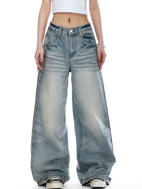 EMMIOL Cat Whiskers Distressed Wash Baggy Jeans