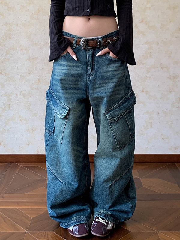 EMMIOL Wash-Faded Large Pocket Cargo Jeans