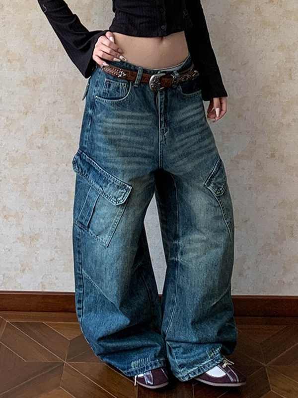 EMMIOL Wash-Faded Large Pocket Cargo Jeans