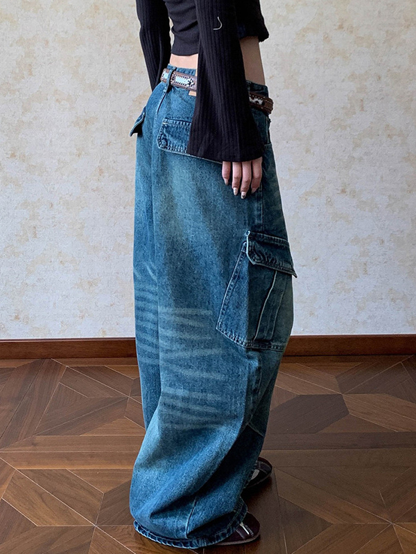 EMMIOL Wash-Faded Large Pocket Cargo Jeans