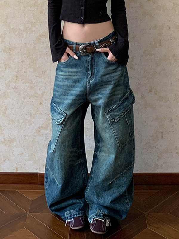 EMMIOL Wash-Faded Large Pocket Cargo Jeans