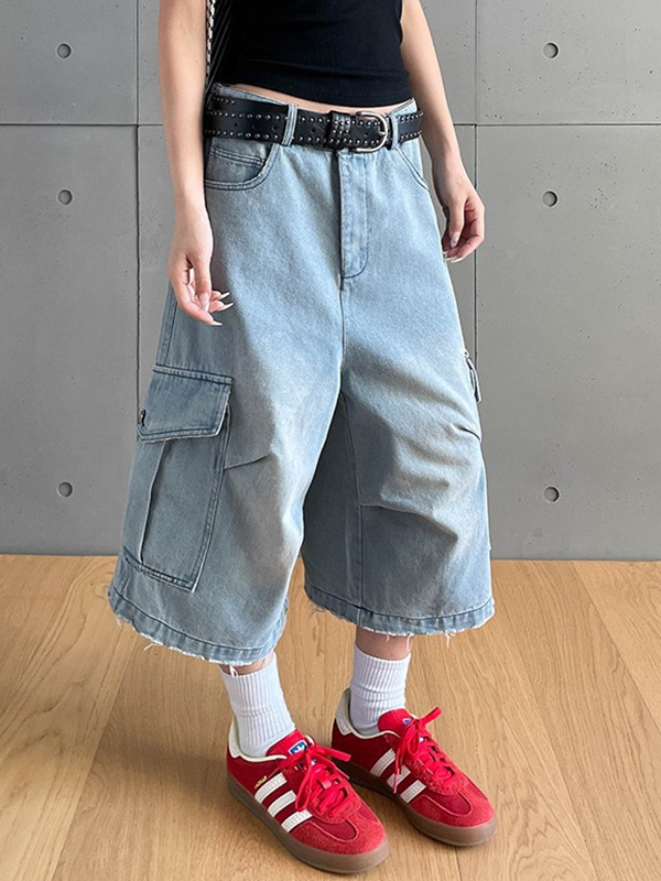 EMMIOL Wash-Creased Cropped Denim Shorts