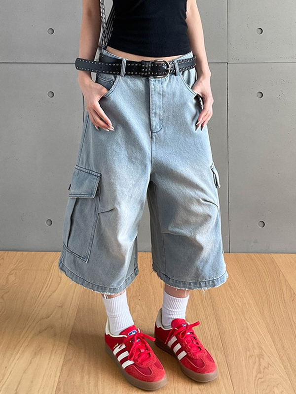 EMMIOL Wash-Creased Cropped Denim Shorts