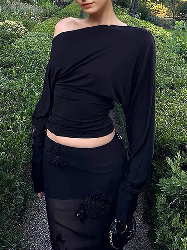 EMMIOL Langärmliges Oberteil in Unifarbe mit Fledermausärmeln und schrägem Ausschnitt