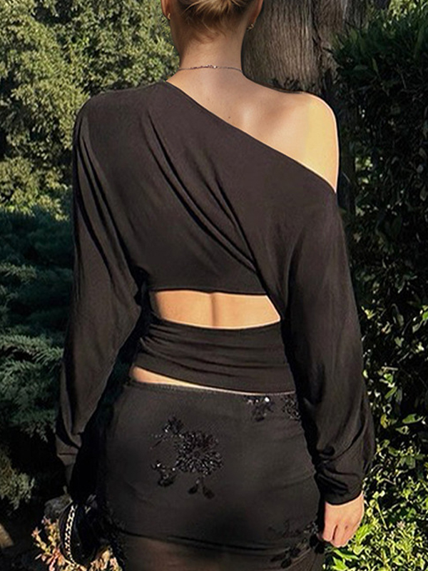 EMMIOL Langärmliges Oberteil in Unifarbe mit Fledermausärmeln und schrägem Ausschnitt