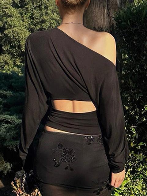 Solid-Color Batwing Slanted Neckline Long Sleeve