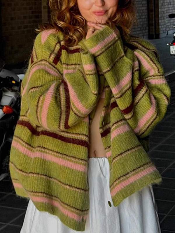 EMMIOL Stripes Contrasting Colors Cardigan