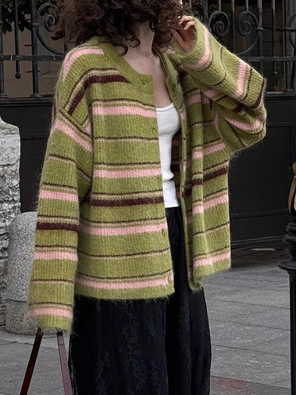 EMMIOL Stripes Contrasting Colors Cardigan