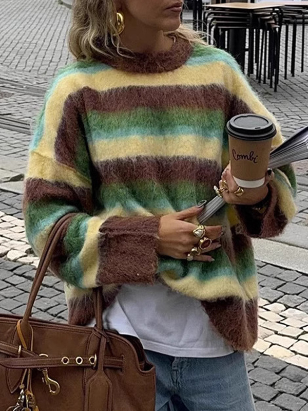 EMMIOL Gestreifte Pullover mit Rundhalsausschnitt