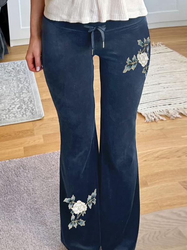 EMMIOL Vintage Floral Embroidery Flare Leg Pants