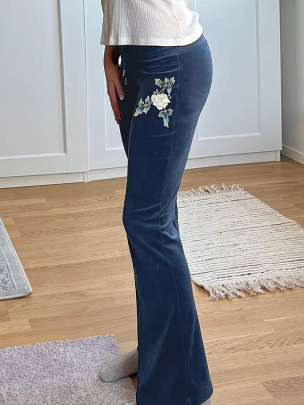 EMMIOL Vintage Floral Embroidery Flare Leg Pants