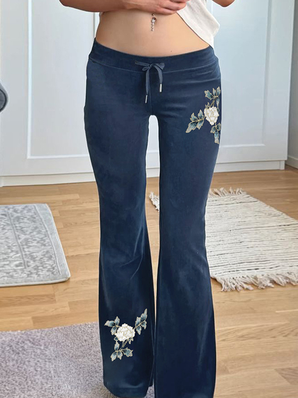 EMMIOL Vintage Floral Embroidery Flare Leg Pants