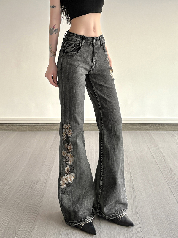 EMMIOL Designer Sequins Embroidery Flare Jeans