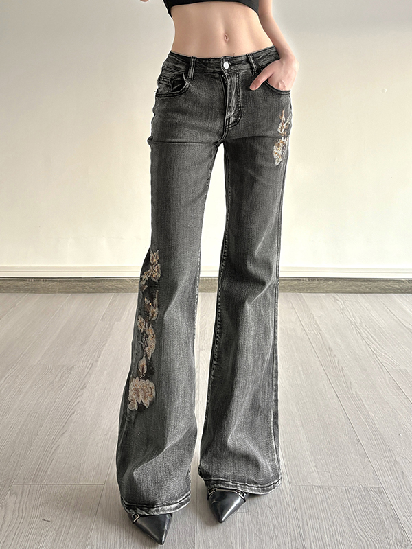 EMMIOL Designer Sequins Embroidery Flare Jeans