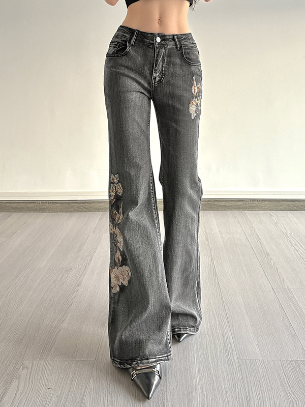 EMMIOL Designer Sequins Embroidery Flare Jeans