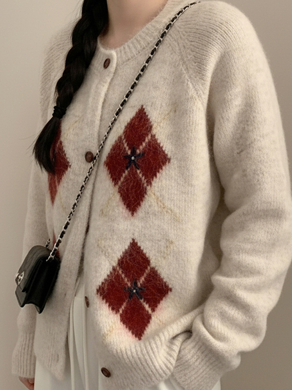 EMMIOL Retro-Strickjacke mit Rautenmuster
