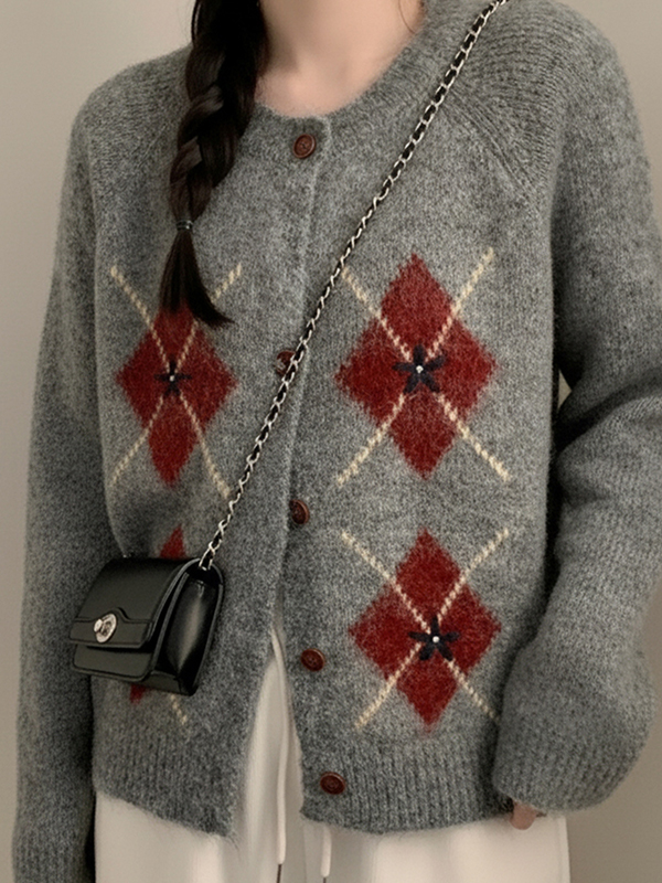 EMMIOL Retro-Strickjacke mit Rautenmuster