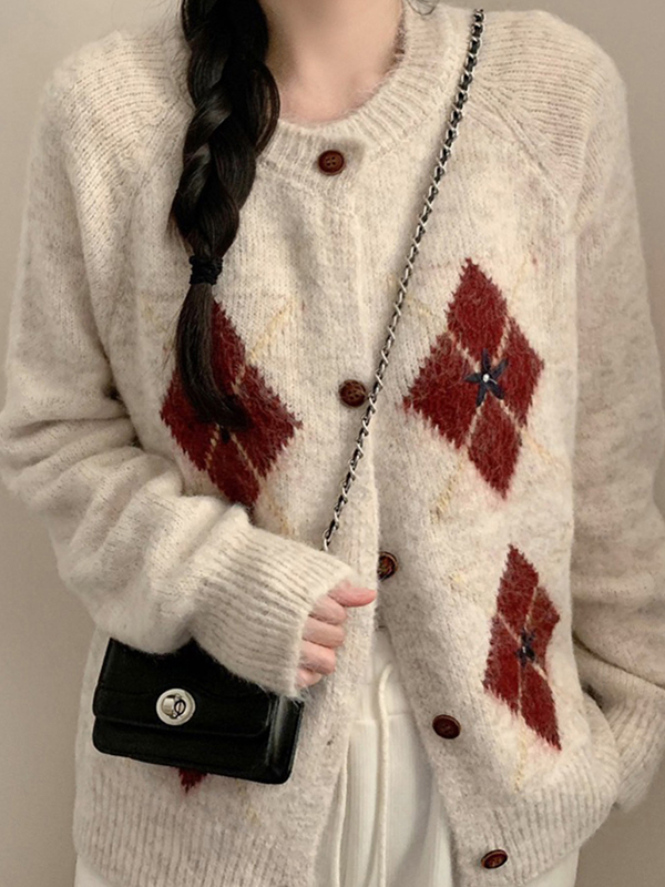 EMMIOL Retro-Strickjacke mit Rautenmuster