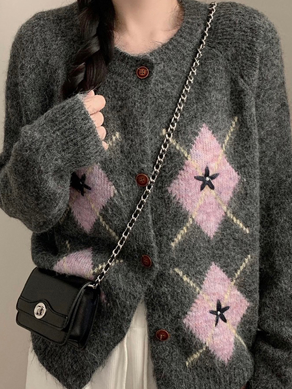 EMMIOL Retro-Strickjacke mit Rautenmuster