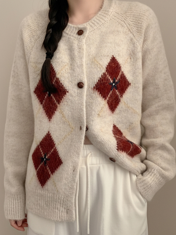 EMMIOL Retro-Strickjacke mit Rautenmuster