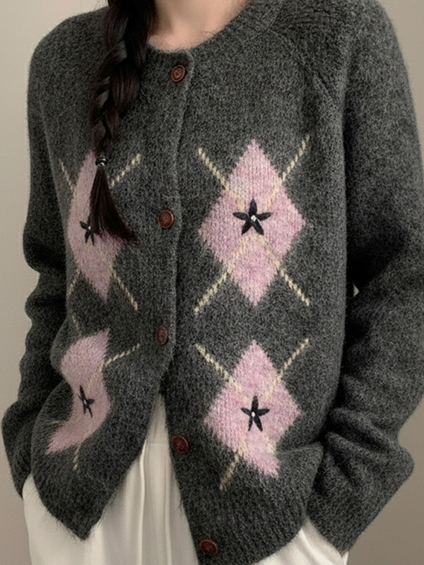 EMMIOL Retro-Strickjacke mit Rautenmuster