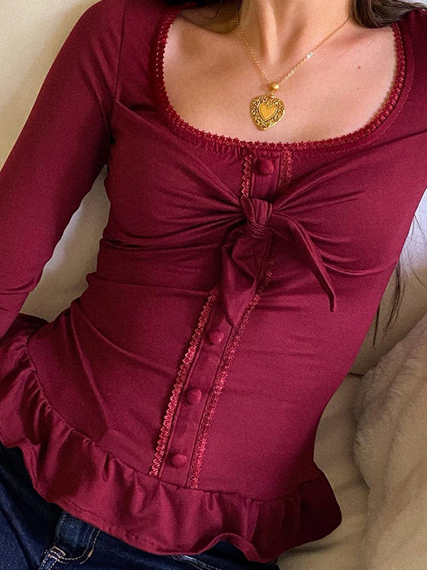 EMMIOL Bow-Tie Square Neckline Long Sleeve