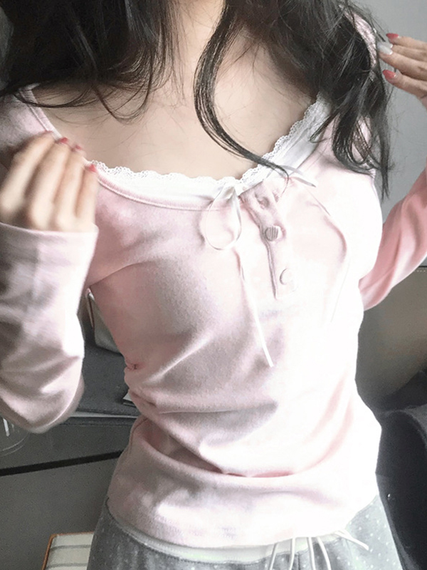 EMMIOL Lace Trim Applique Long Sleeve