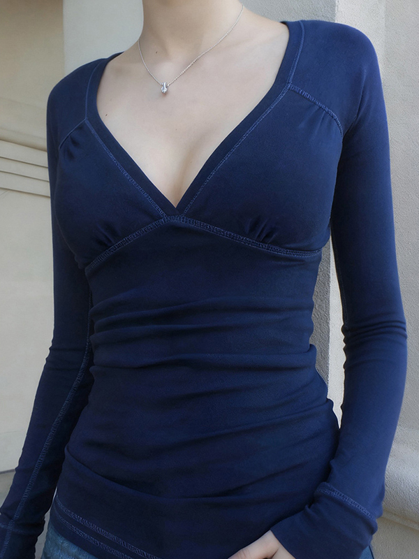 EMMIOL Solid-Color Basic V-Neck Long Sleeve