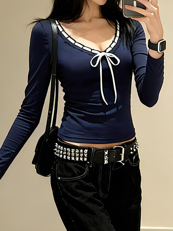 EMMIOL Bow-Tie Color-Blocking Long Sleeve