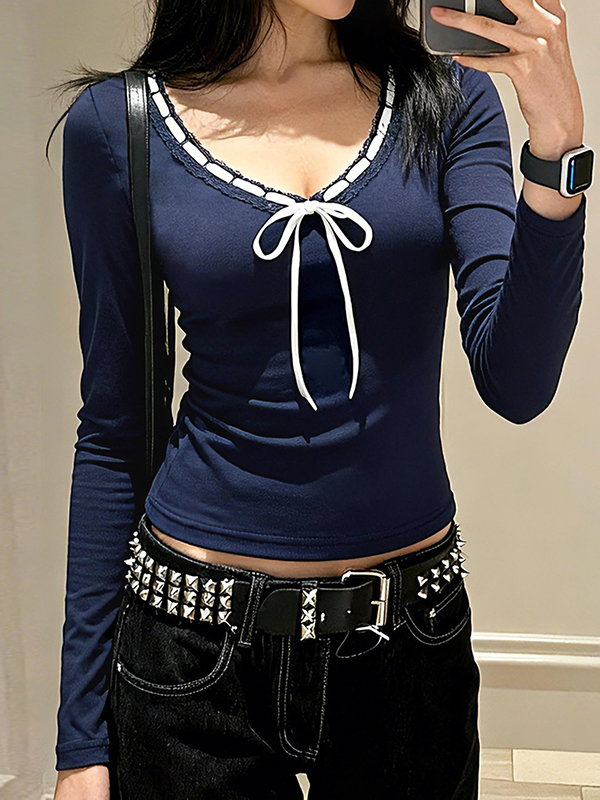 EMMIOL Bow-Tie Color-Blocking Long Sleeve