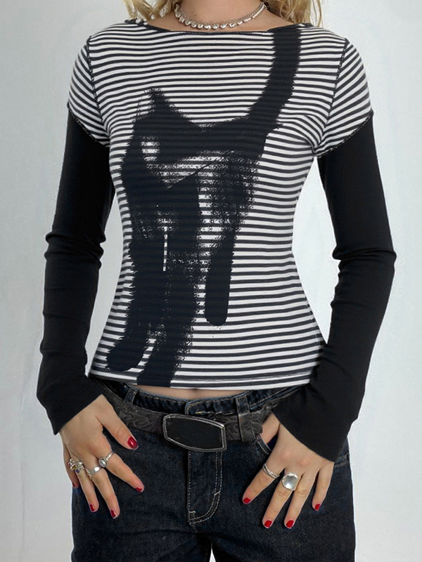 EMMIOL Cat Print Stripes Long Sleeve