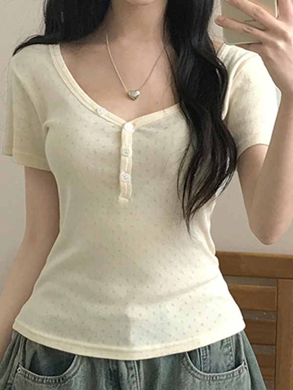 EMMIOL American-Style Openwork Knit Short Sleeves