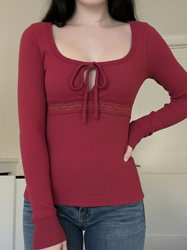 EMMIOL Hot Girl Red Square Neck Long Sleeve