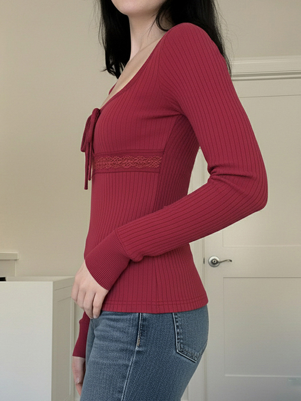 EMMIOL Hot Girl Red Square Neck Long Sleeve