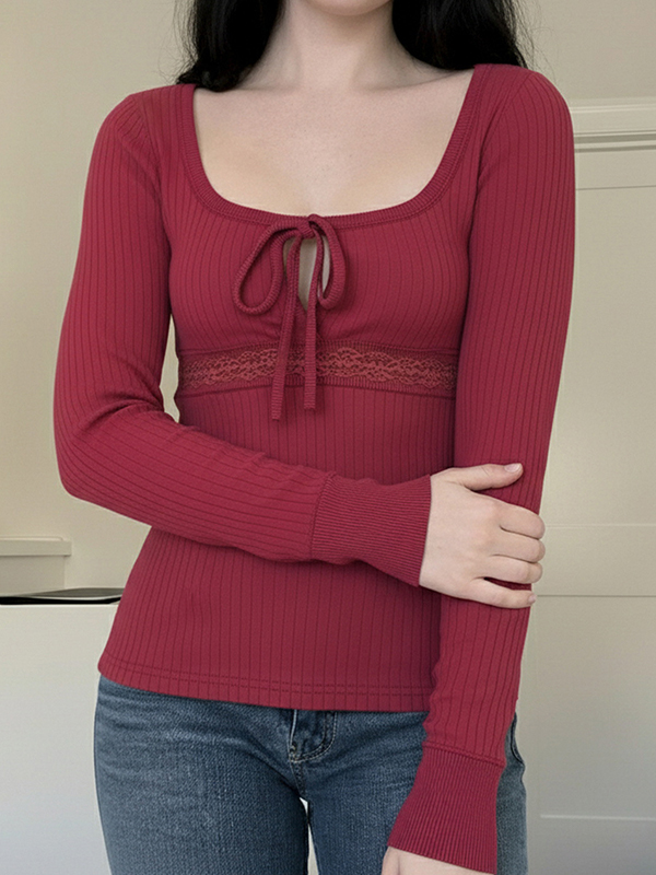 EMMIOL Hot Girl Red Square Neck Long Sleeve