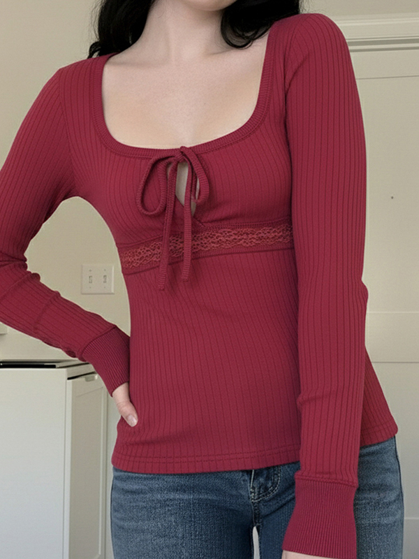 EMMIOL Hot Girl Red Square Neck Long Sleeve